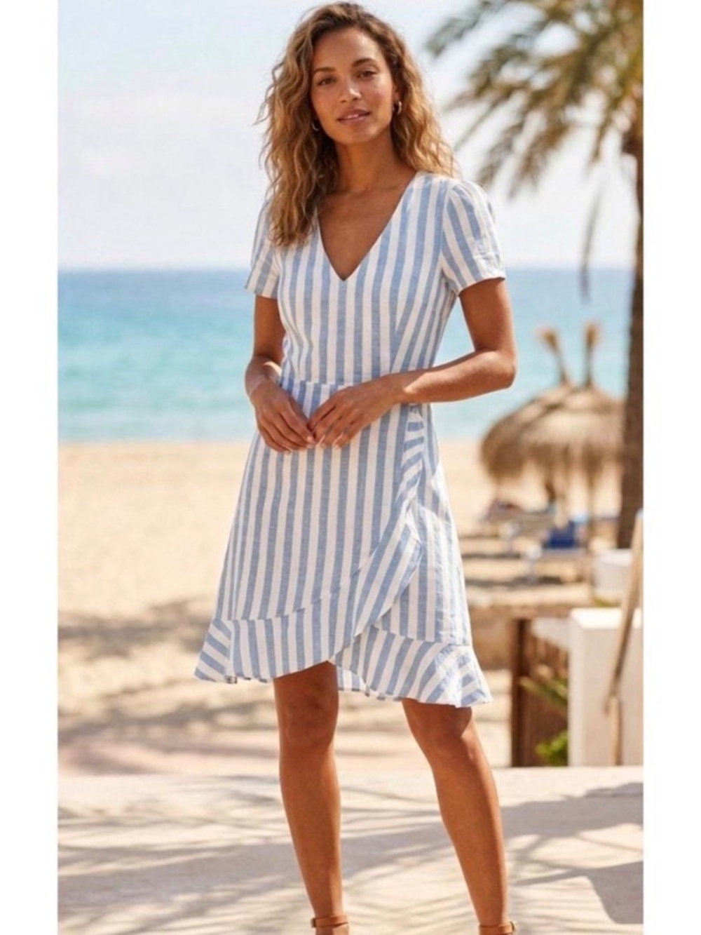JCrew Blue and White Faux Wrap Short Sleeve Dress